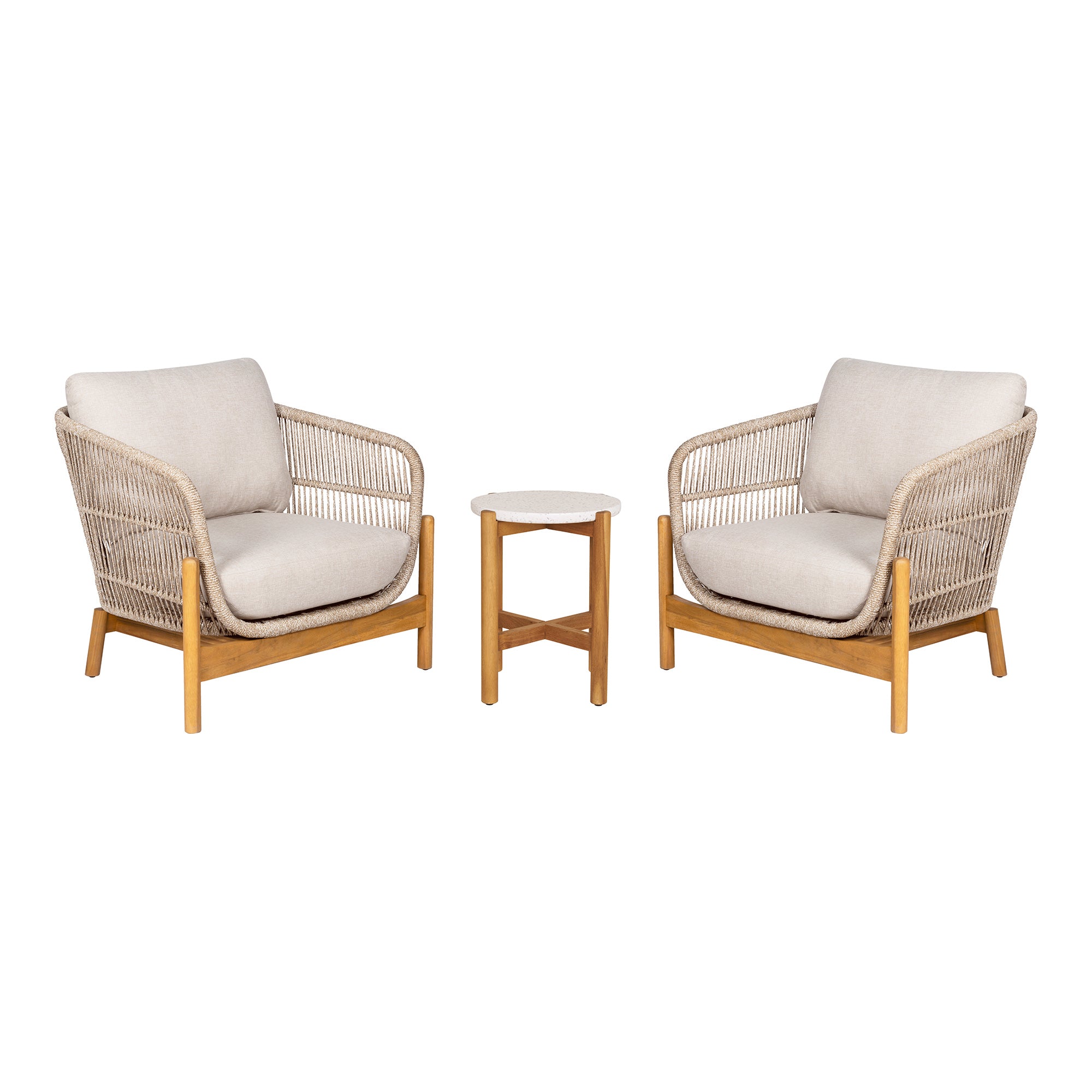 Terracina Garden Set – 2 Lounge Stoelen + Bijzettafel – Acaciahout, Rope & Staal – Bruin/Beige